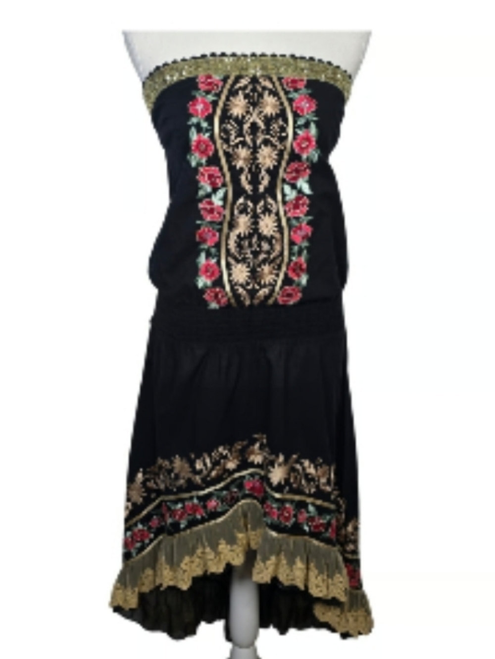 VENUS BOHO EMBROIDERED COTTAGE FOLKLORE Black Floral Dress Spell Hippie Ruffle